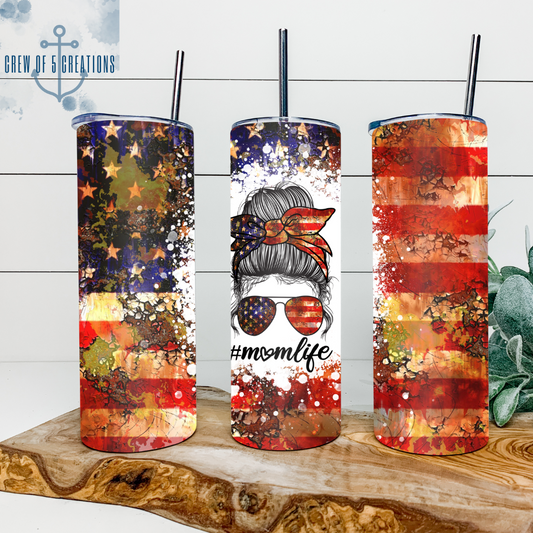 American Flag Distressed #momlife 20 oz Tumbler