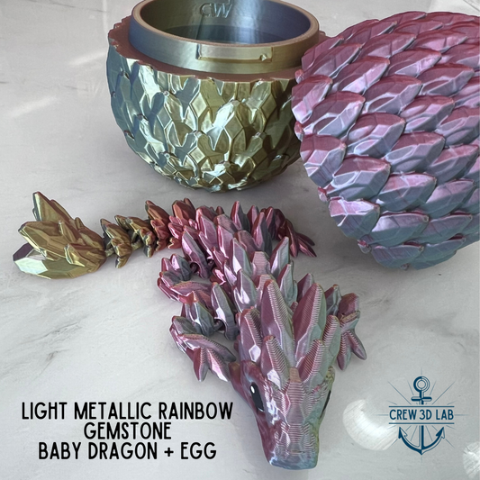 Light Metallic Rainbow Gemstone Baby Dragon + Mystical Egg