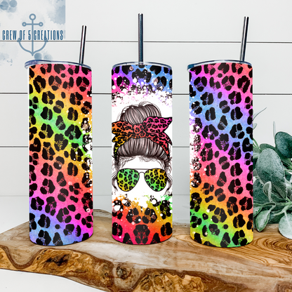 Leopard Rainbow Messy Bun 20 oz Tumbler