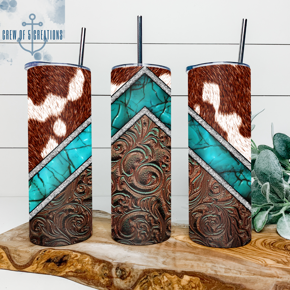 Tooled Leather with Turquoise & Cow Print 20 oz Tumbler