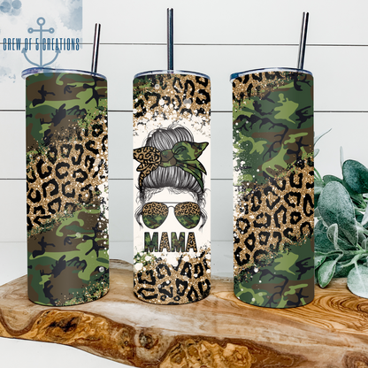 Mama Messy Bun Camo & Glitter 20 oz Tumbler