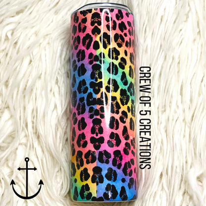 Leopard Rainbow Messy Bun 20 oz Tumbler