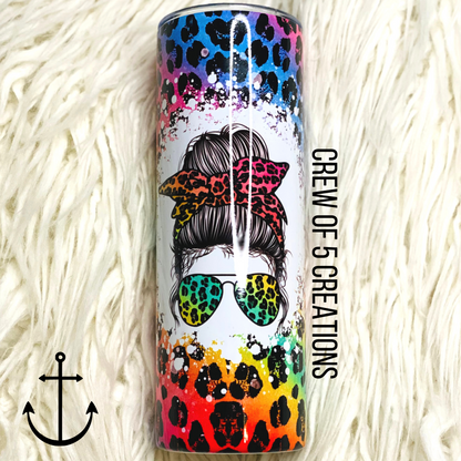 Leopard Rainbow Messy Bun 20 oz Tumbler