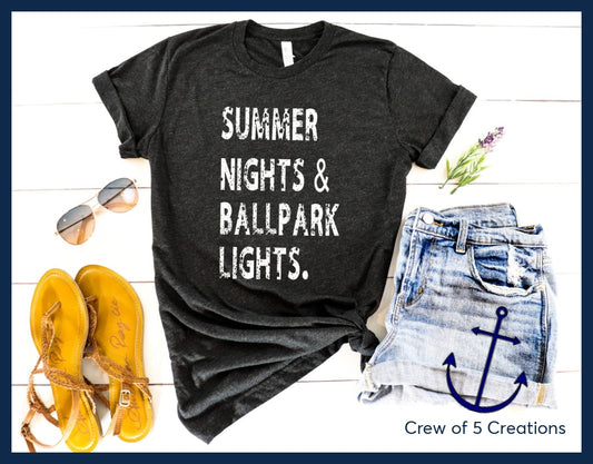 Summer Nights. Ballpark Lights. Adult Shirts